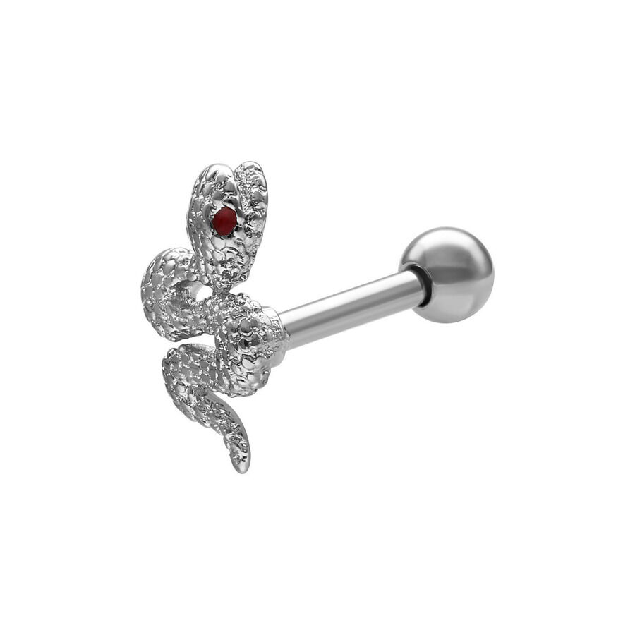 Barbell a serpente in acciaio chirurgico argento con occhio rosso su sfondo bianco