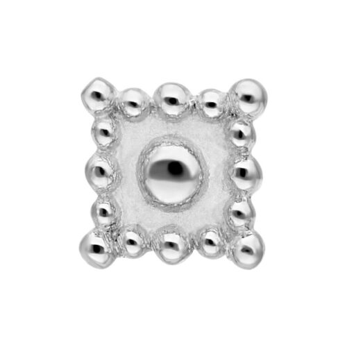 Bilanciere quadrato argento con design orientale, filettatura esterna, su sfondo bianco