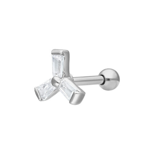Barbell per orecchio in argento con cristallo a forma di mulino a vento su sfondo bianco