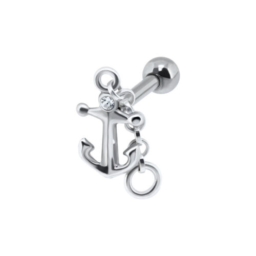 Barbell per orecchio in argento a forma di ancora con cristallo chiaro su sfondo bianco