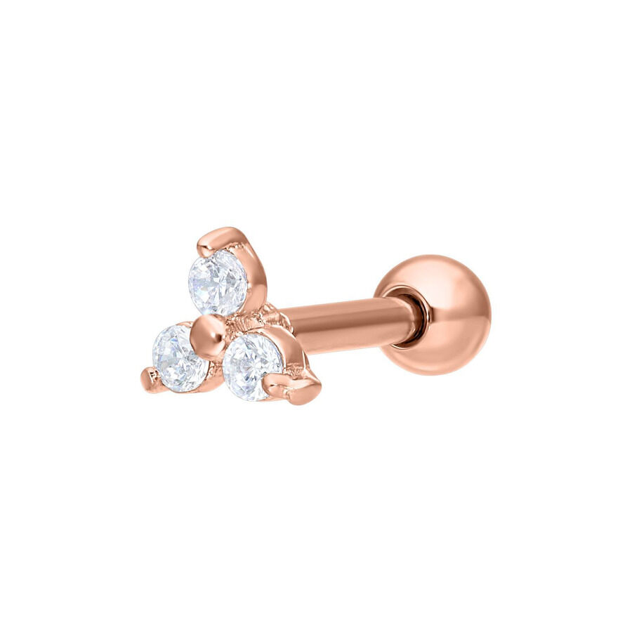 Barra per orecchio in oro rosa con tre cristalli chiari su sfondo bianco