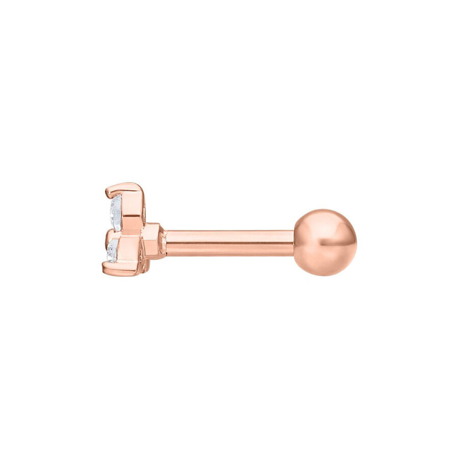 Barbell per orecchio in oro rosa con cristalli chiari su sfondo bianco