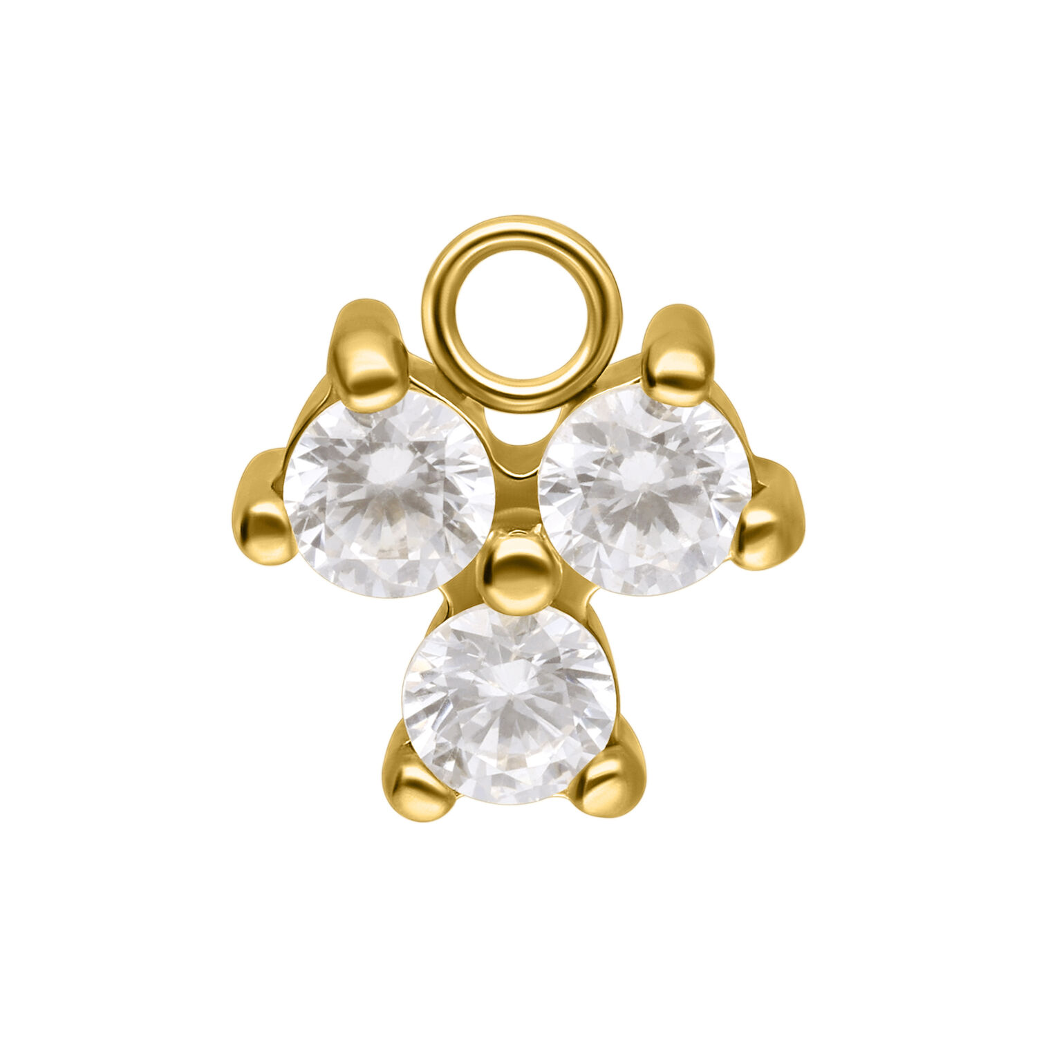 Pendente Trinity in Cristallo Dorato Pendente dorato con tre cristalli chiari su sfondo bianco