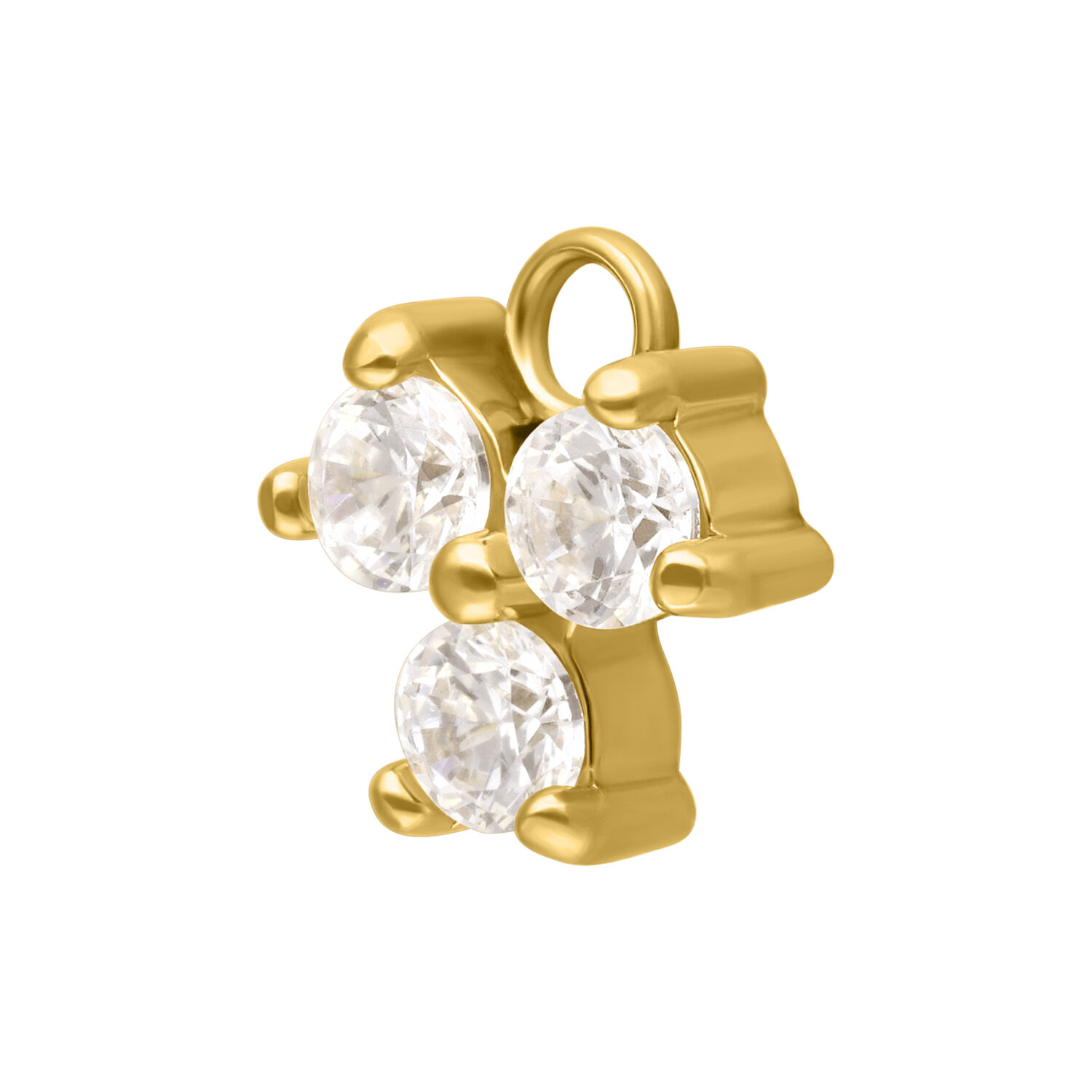 Pendente Trinity Crystal dorato Pendente piercing dorato con tre cristalli chiari su sfondo bianco