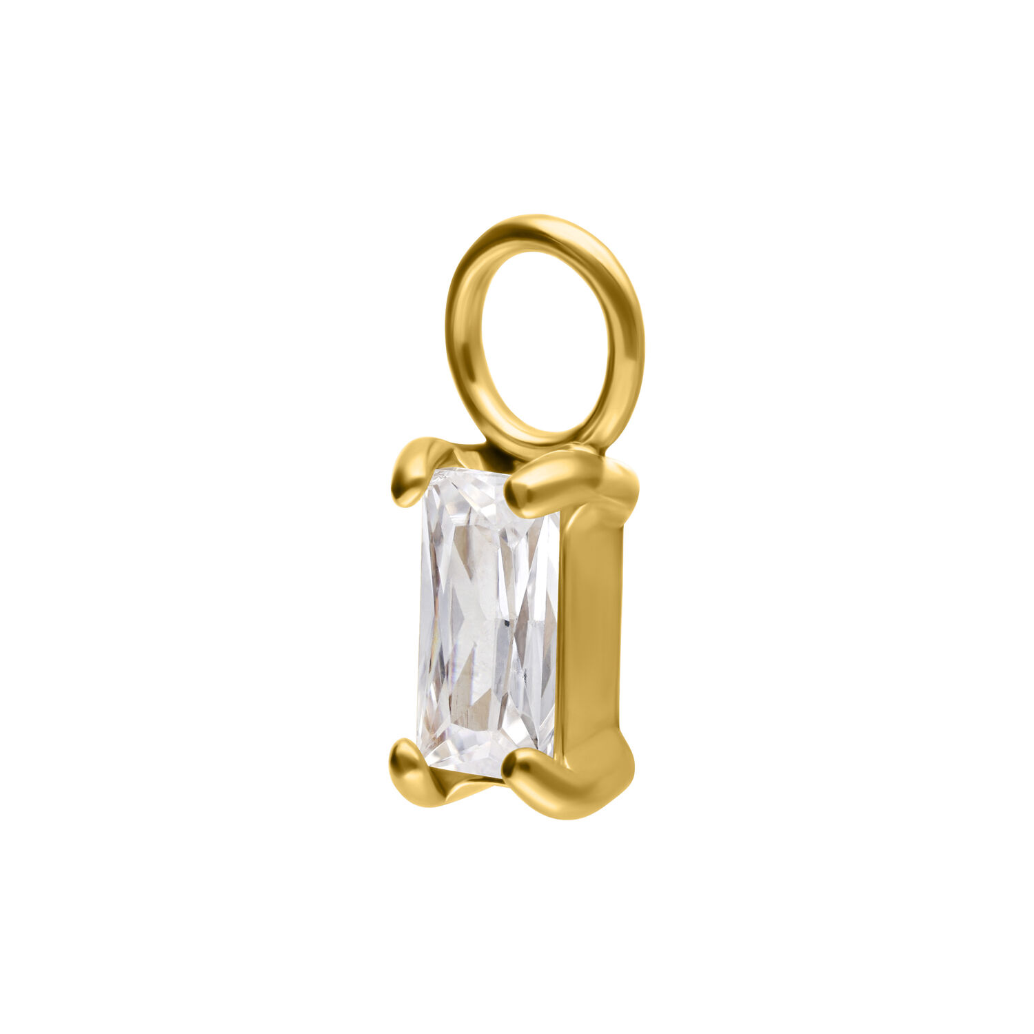 Pendente per piercing dorato con cristallo rettangolare su sfondo bianco