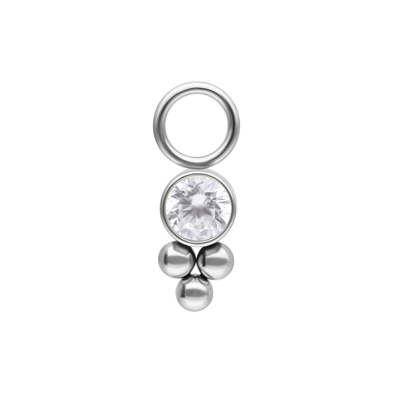 Ciondolo piercing in argento con cristallo rotondo e sfere su sfondo bianco