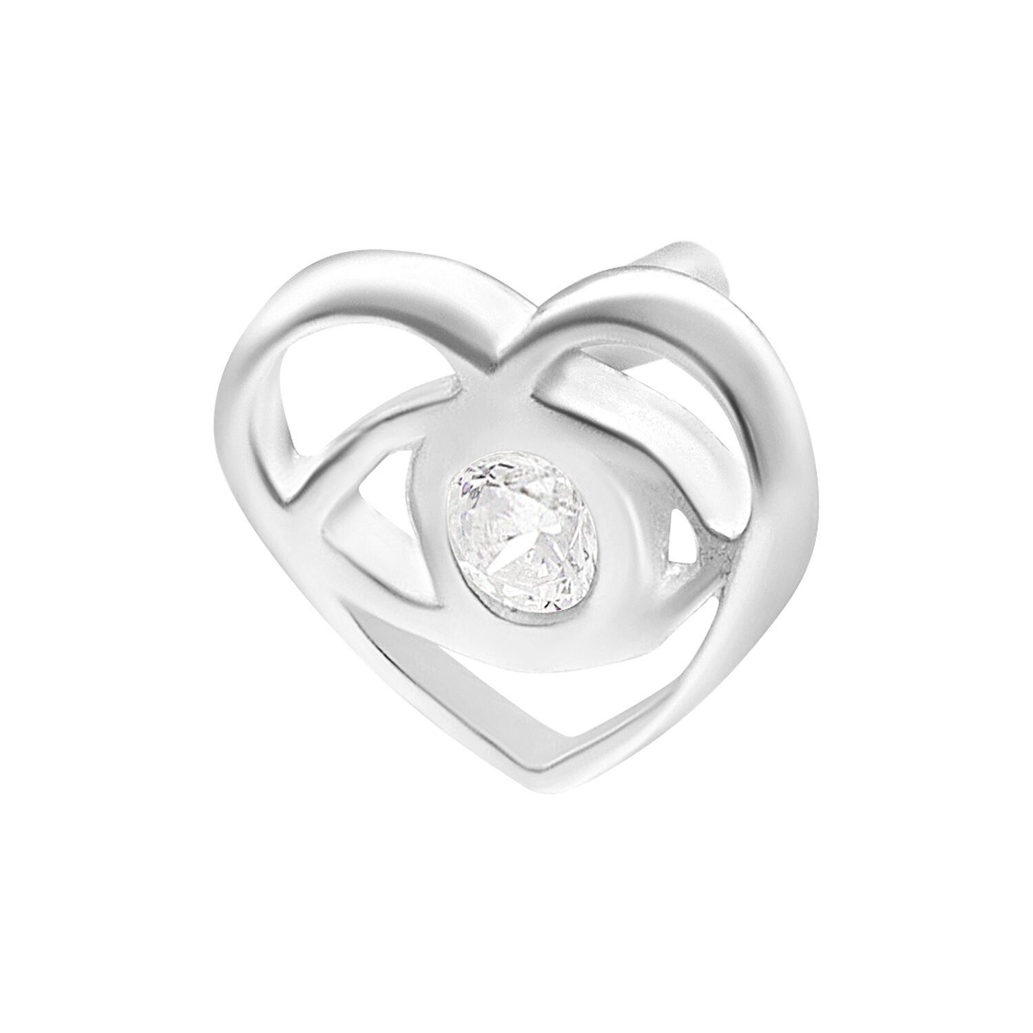 Cuore in argento con cristallo chiaro su sfondo bianco