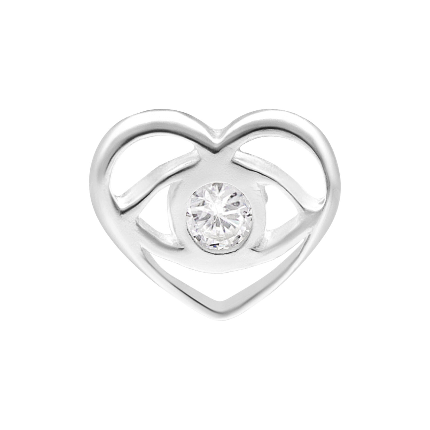 Inserto a forma di cuore in argento con cristallo chiaro al centro su sfondo bianco