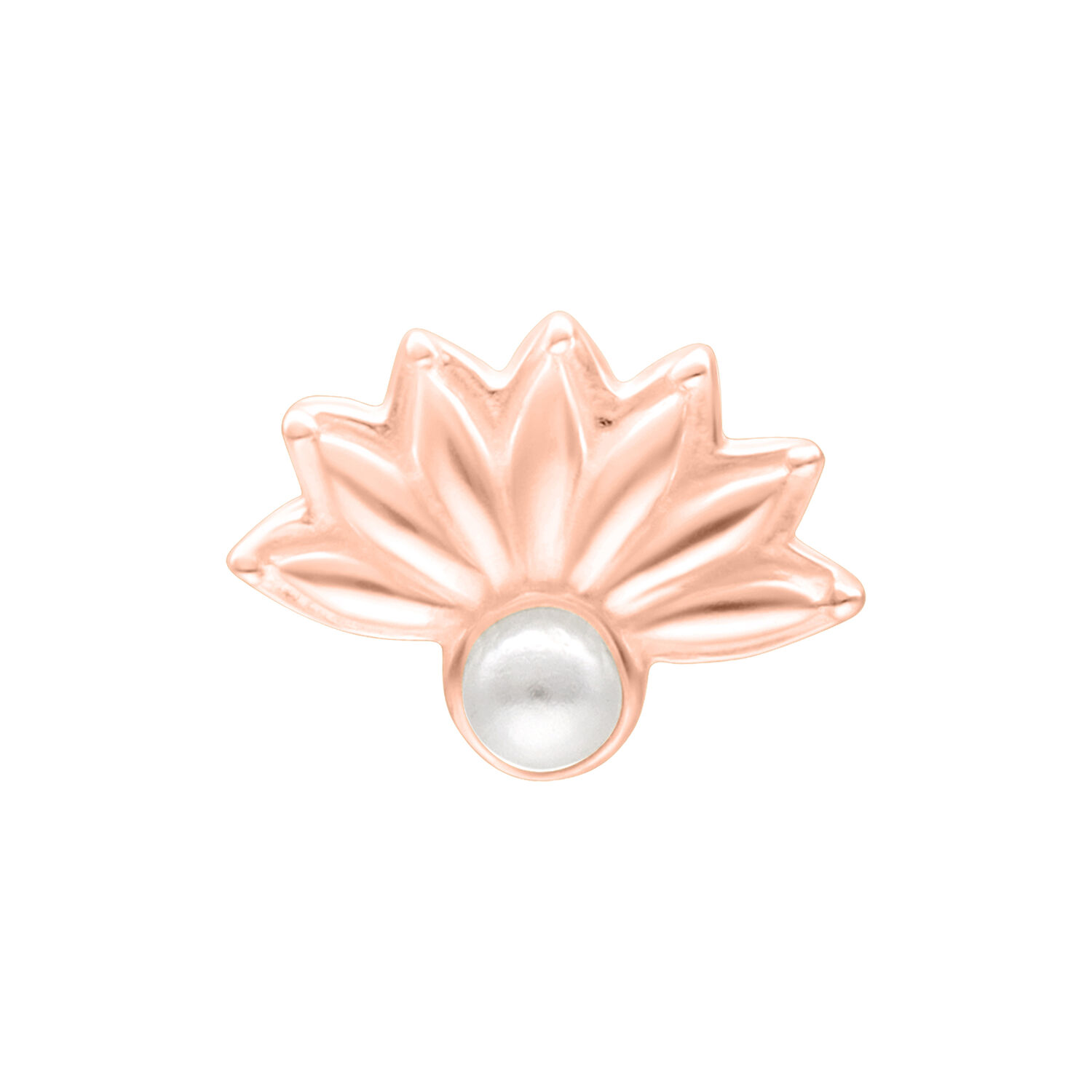 Attacco Push Fit in rosé oro a forma di pavone con perla su sfondo bianco