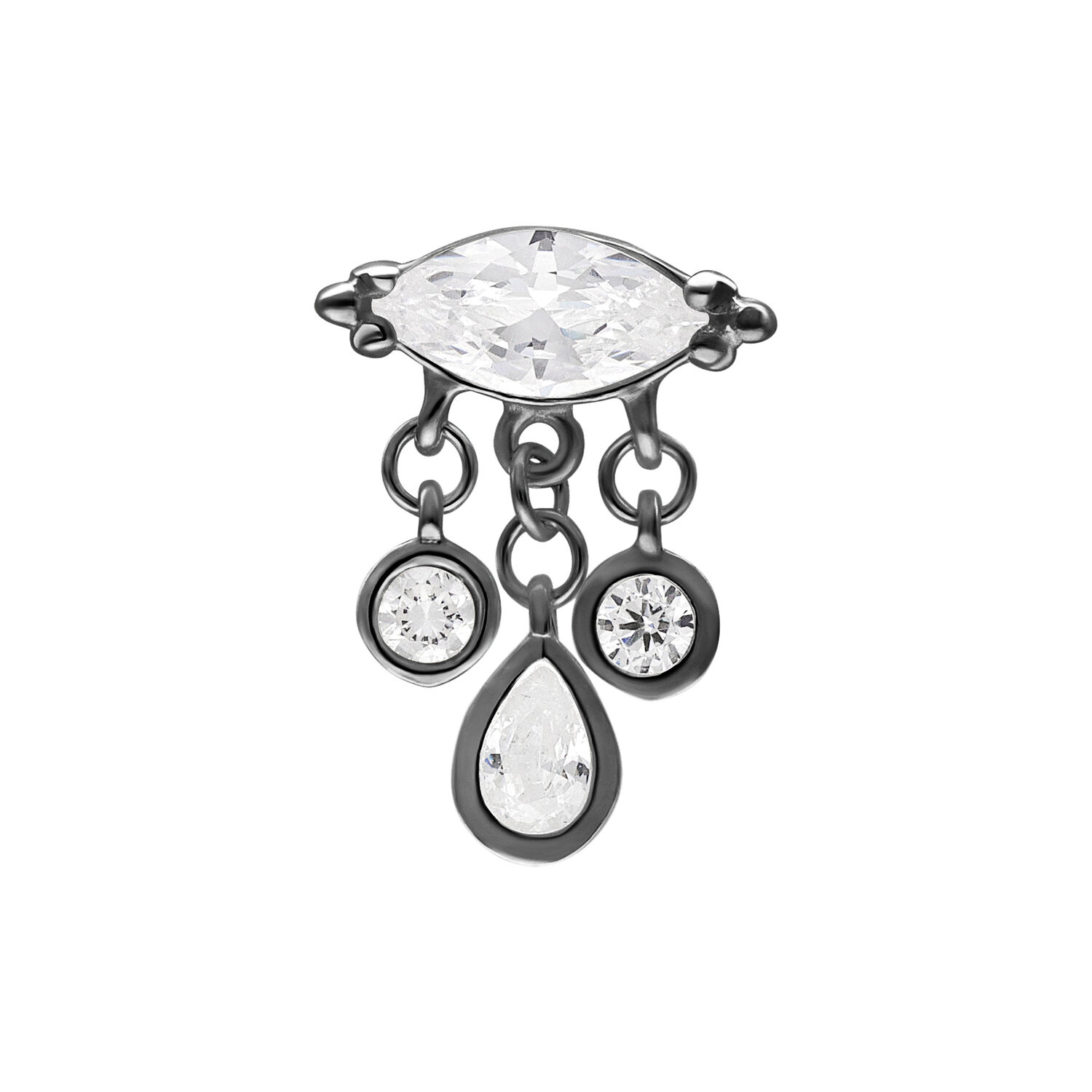 Attacco piercing nero con cristalli chiari e pendente a catena