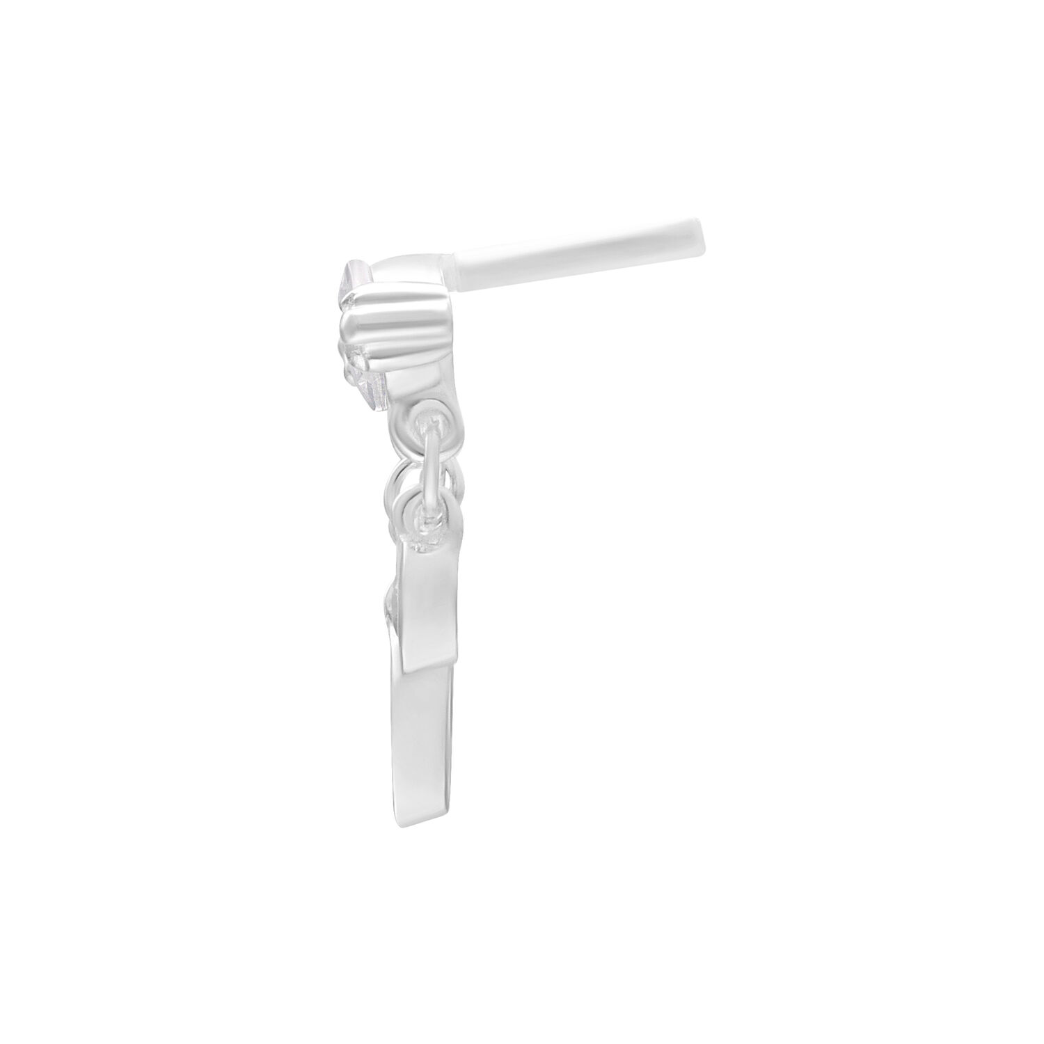 Attacco piercing in argento visto di lato su sfondo bianco