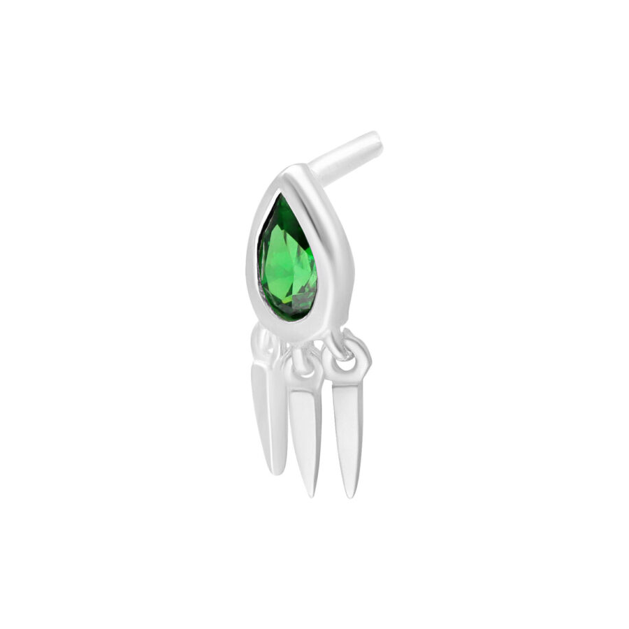 Accessorio Push Fit argento con cristallo verde e tre ciondoli su sfondo bianco