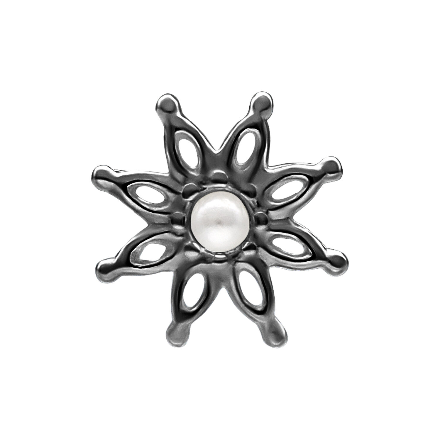 Nero attacco Bloom in argento con perla centrale su sfondo bianco