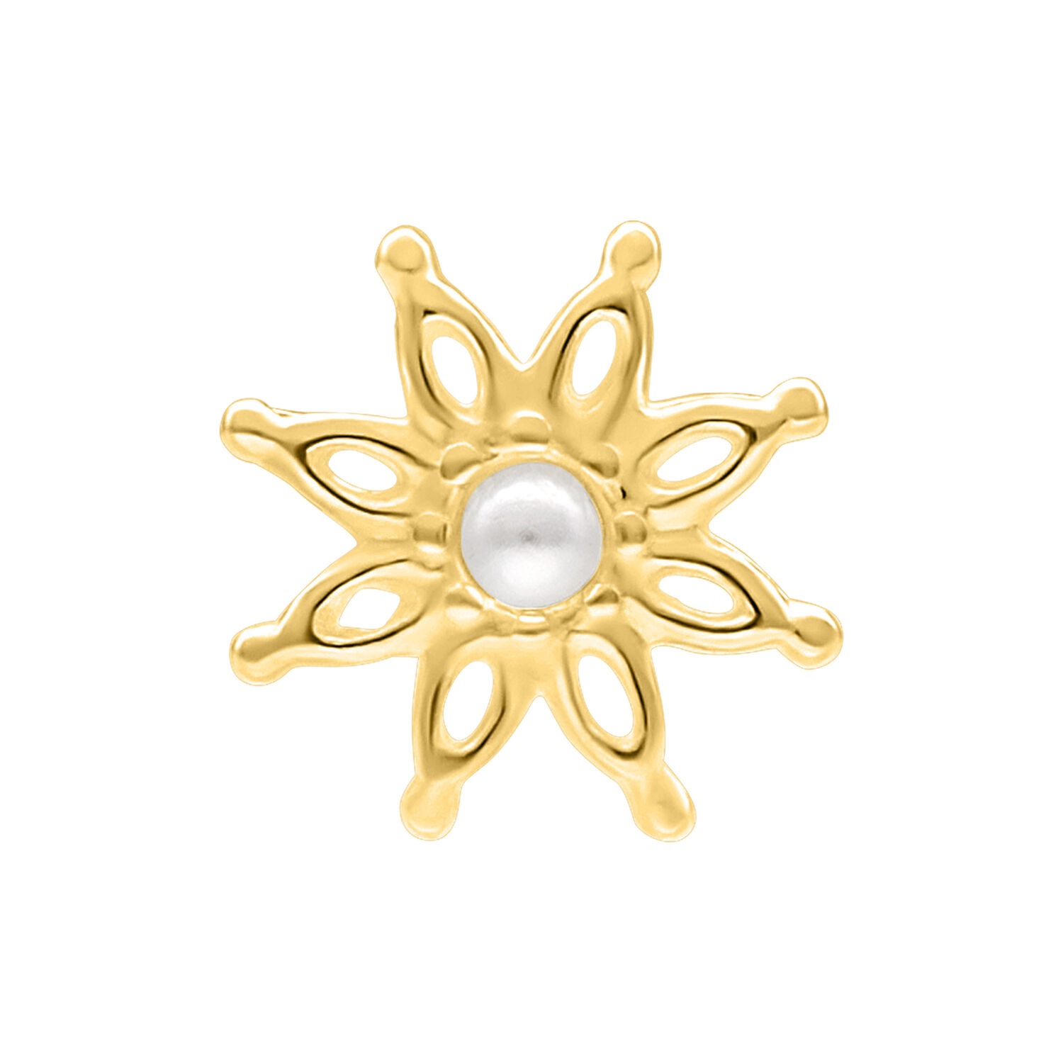 Inserto Push Fit dorato a forma di fiore con perla al centro su sfondo bianco