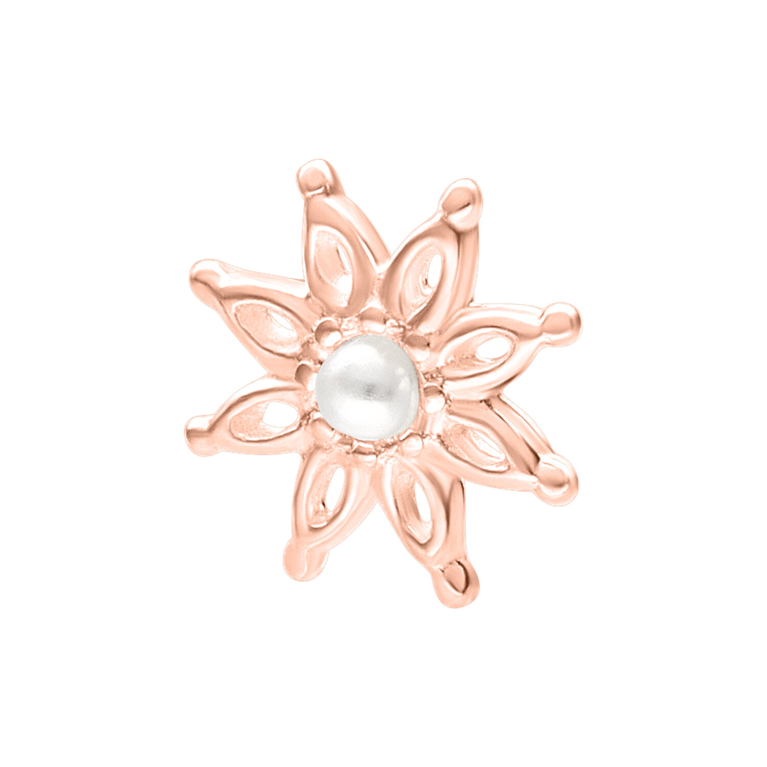 Attacco a fiore in rosé gold per piercing Push Fit, 7mm, con delicato design floreale su sfondo bianco