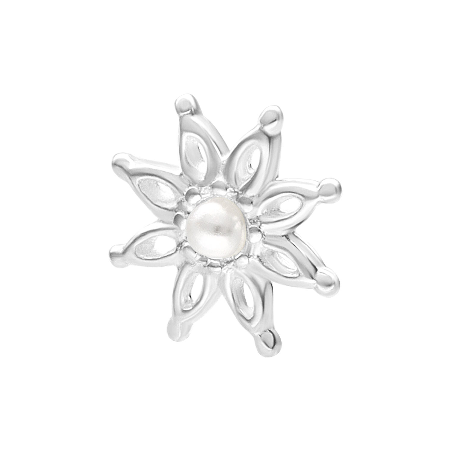 Inserto floreale in argento con accento di perla su sfondo bianco