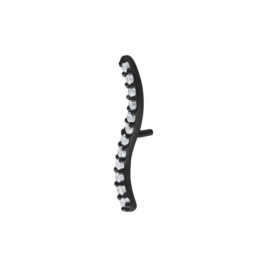 Accessorio in metallo nero con cristalli chiari su sfondo bianco
