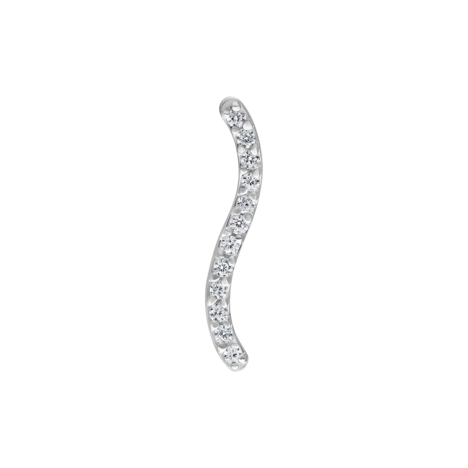 Inserto piercing argento con fila di cristalli curvi su sfondo bianco