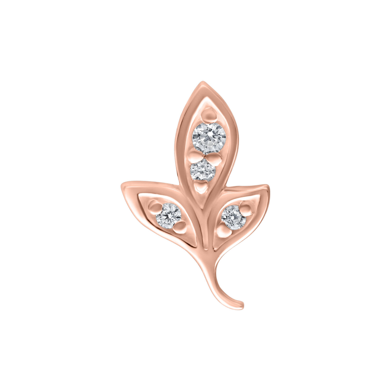 Foglia in oro rosa con cristalli scintillanti su sfondo bianco