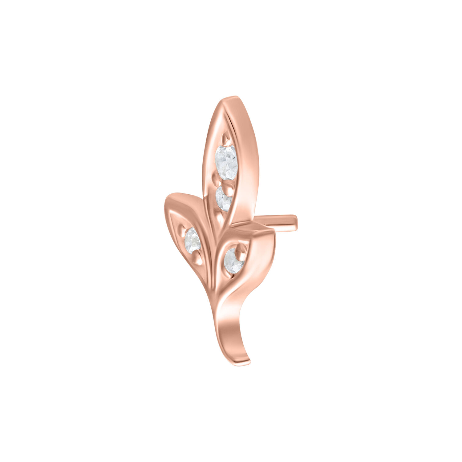 Punta Push Fit in oro rosa a forma di foglia con cristalli su sfondo bianco