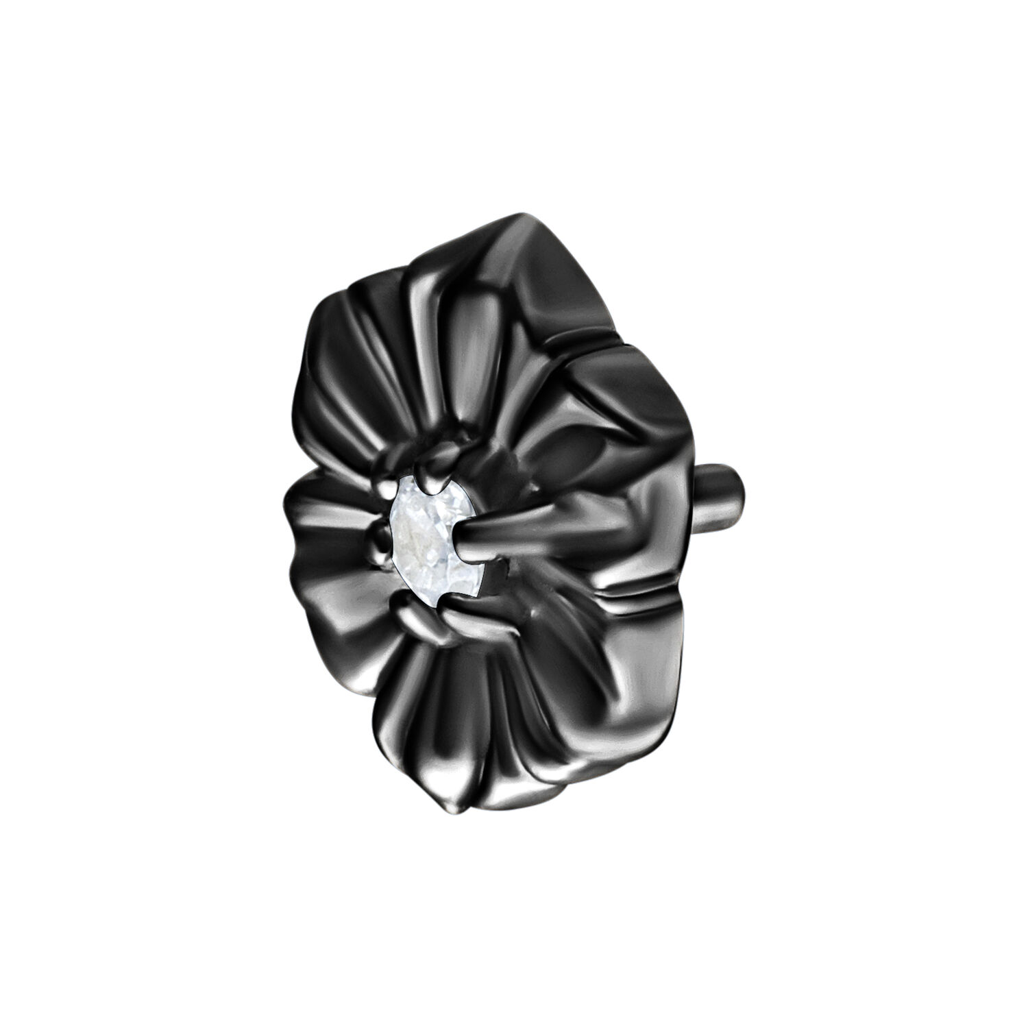 Accessorio Hibiscus nero in argento con pietra lucente al centro su sfondo bianco