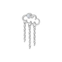 Accessorio in metallo argento a forma di nuvola con catene e cristallo su sfondo bianco