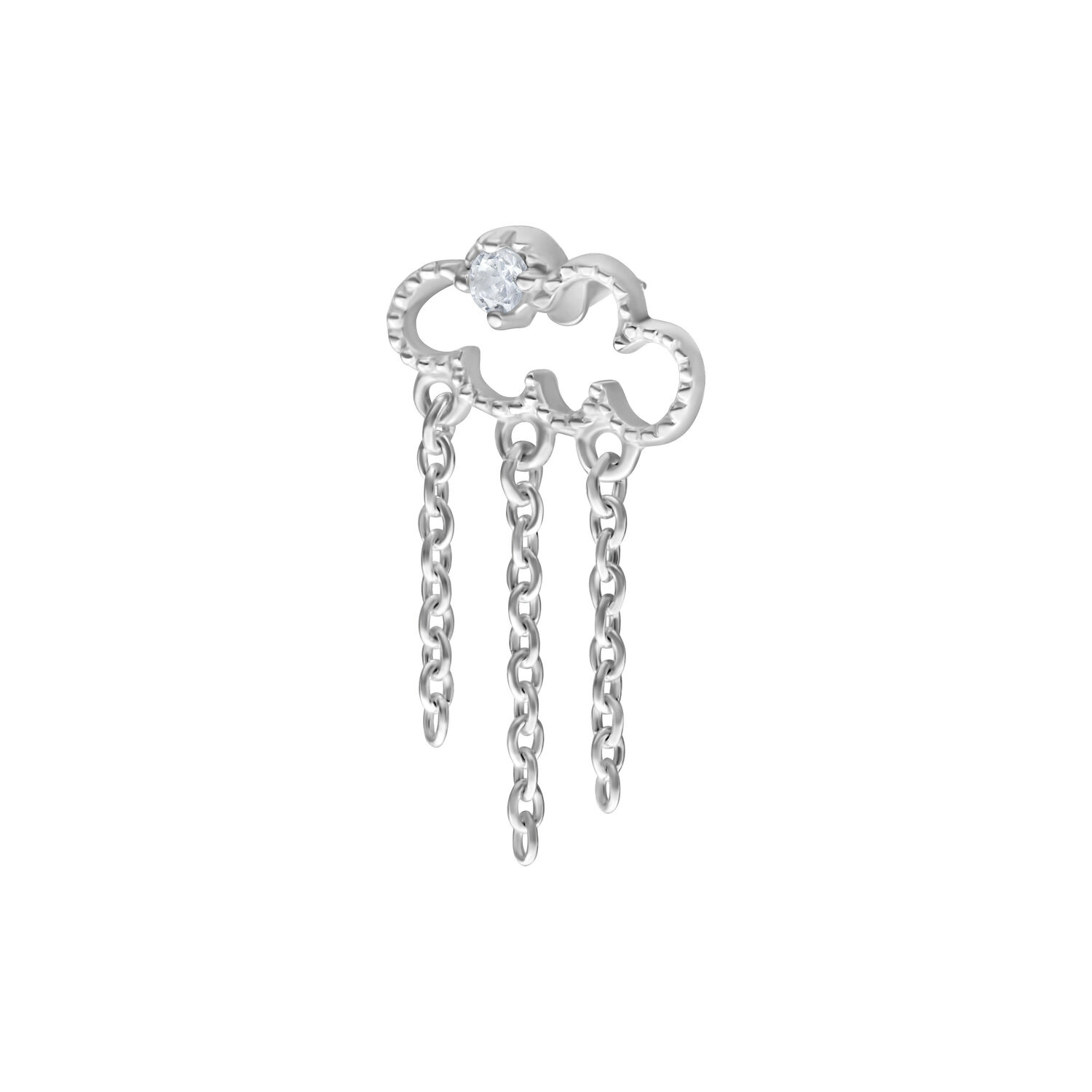 Accessorio in metallo argento a forma di nuvola con catene e cristallo su sfondo bianco