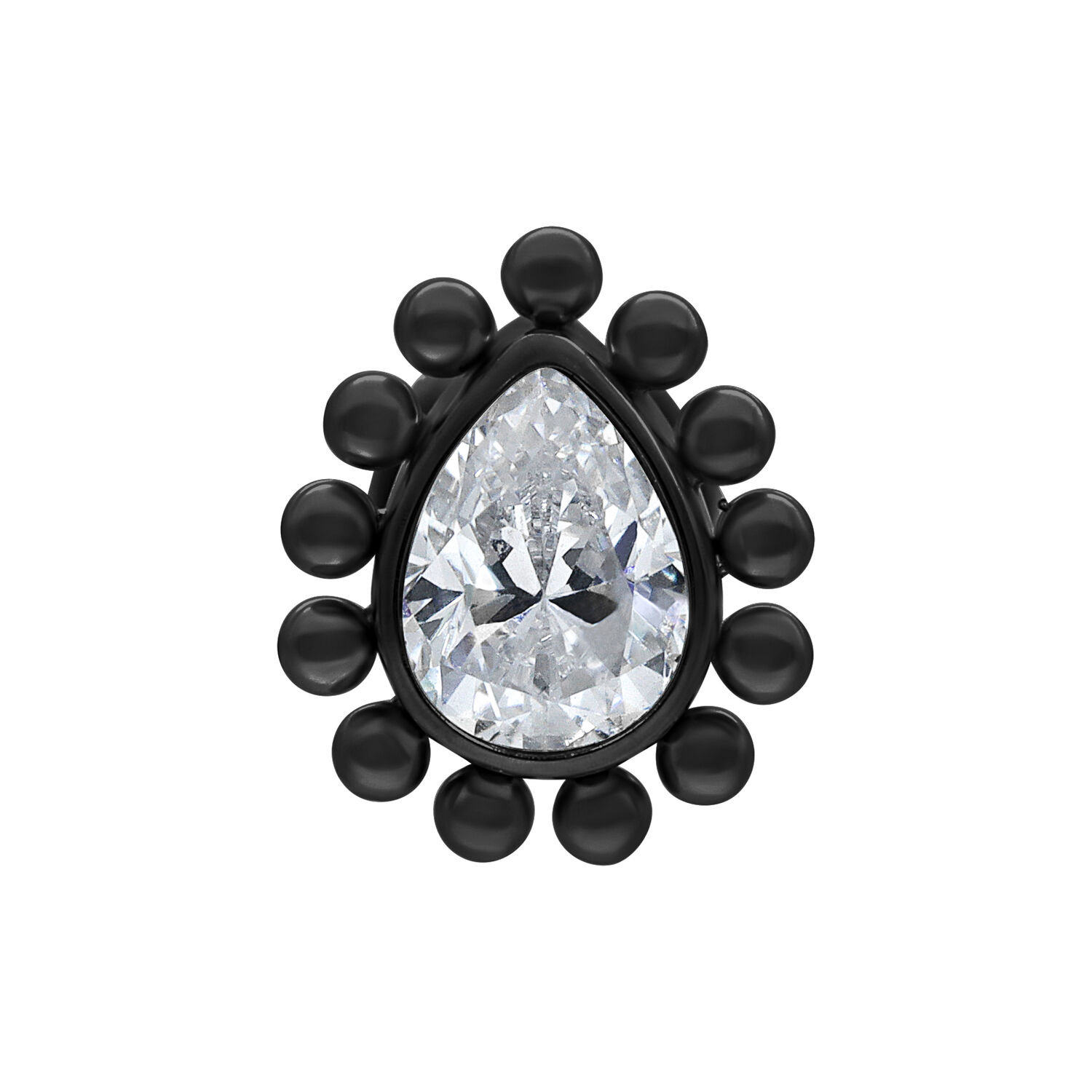 Accessorio in titanio nero con goccia di cristallo su sfondo bianco