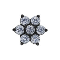 Accessorio fiore nero con cristalli chiari su sfondo bianco