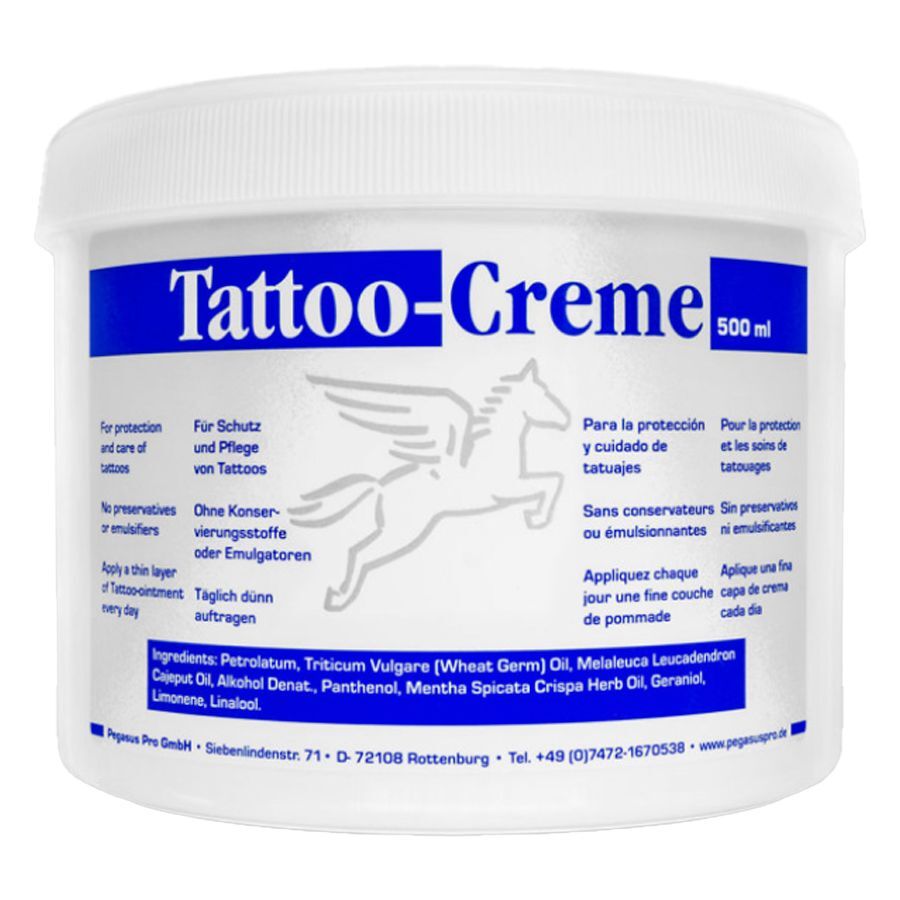Pegasus Tattoo Crema 500ml Barattolo Barattolo bianco di Pegasus Tattoo Crema con etichetta blu e logo su sfondo bianco