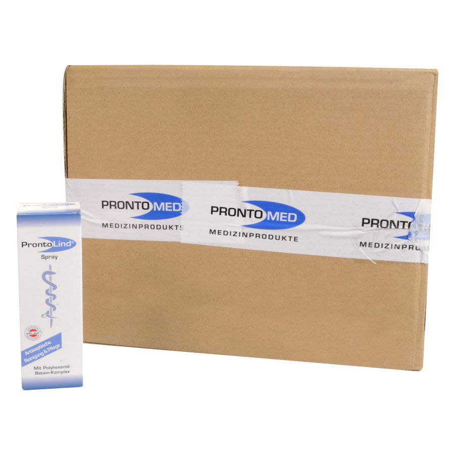 Brauner Karton mit ProntoMed-Logo und ProntoLind Spray daneben