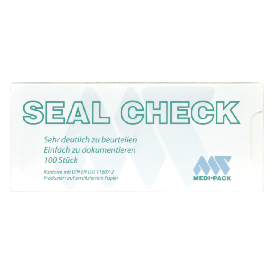 Seal Check strisce di controllo della sterilizzazione Confezione bianca Seal Check di Medi Pack con testo e logo