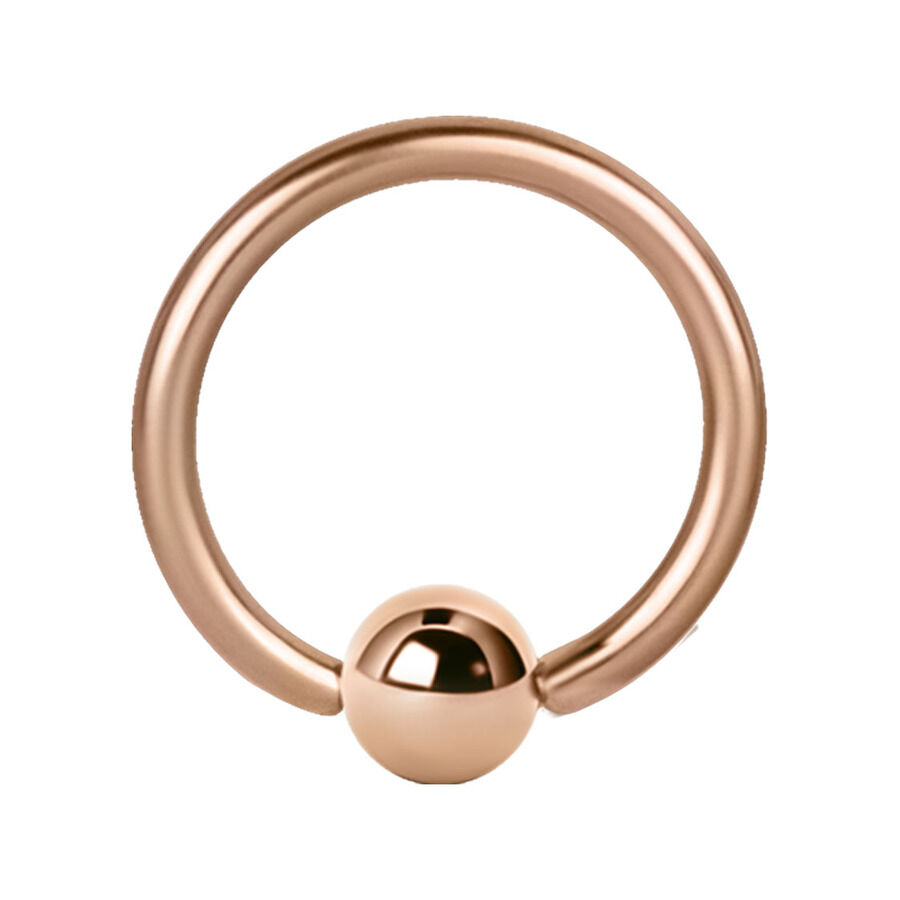 Anello a sfera in oro rosa con spessore di 1,0 mm e diametro interno di 9,0 mm su sfondo bianco
