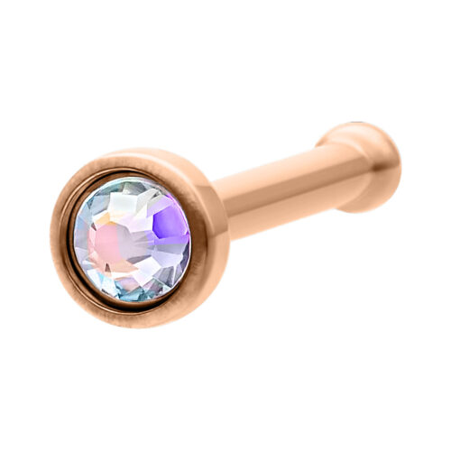 Piercing nasale in oro rosa con scintillante cristallo Aurora Boreale su sfondo bianco