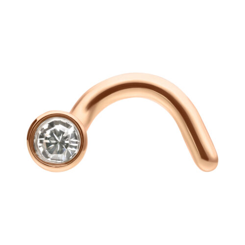 Piercing nasale in titanio oro rosa con cristallo chiaro scintillante su sfondo bianco