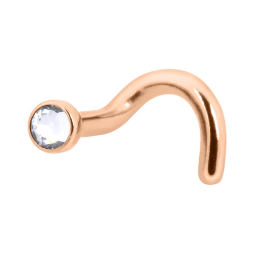 Piercing nasale in titanio color oro rosa con cristallo chiaro su sfondo bianco