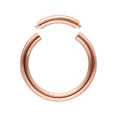 Anello segmentato in oro rosa di titanio con 1,6 mm di spessore e 10 mm di diametro interno su sfondo bianco