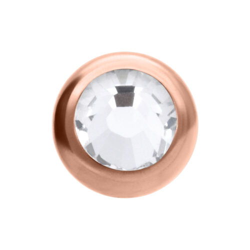 Attacco piercing rotondo in oro rosa con cristallo chiaro su sfondo bianco