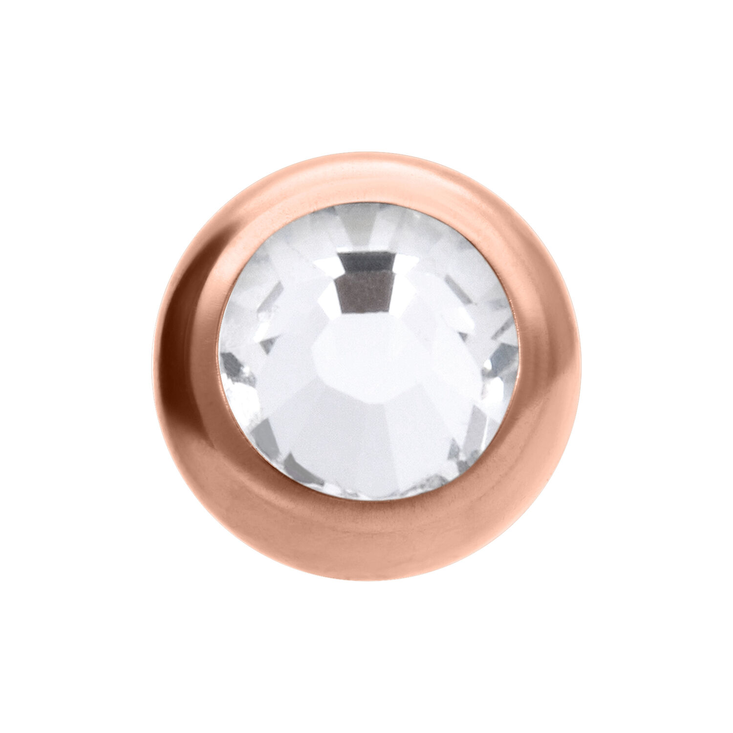 Attacco piercing rotondo in oro rosa con cristallo chiaro su sfondo bianco