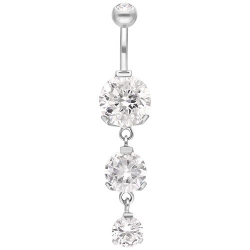 Piercing all'ombelico in argento con tre cristalli chiari su sfondo bianco
