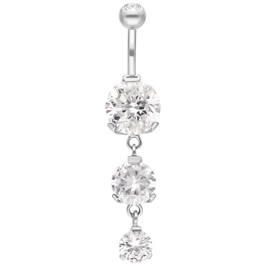 Piercing all'ombelico in argento con tre cristalli chiari su sfondo bianco