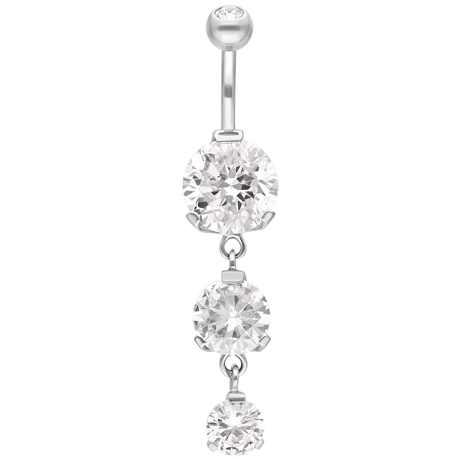 Piercing all'ombelico in argento con tre cristalli chiari su sfondo bianco
