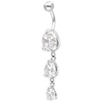 Piercing in argento con tre cristalli chiari su una barra curva