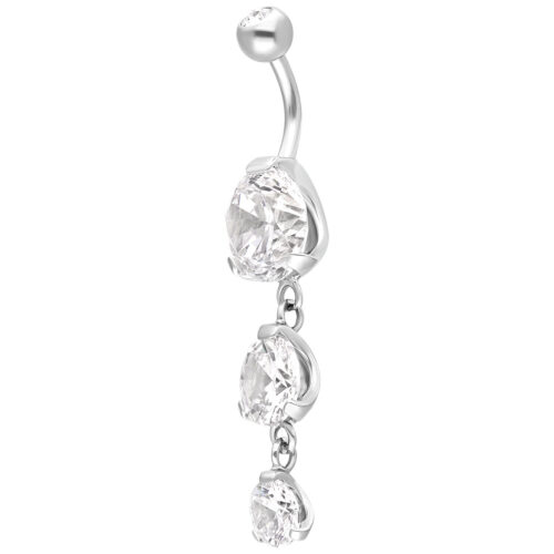Piercing in argento con tre cristalli chiari su una barra curva