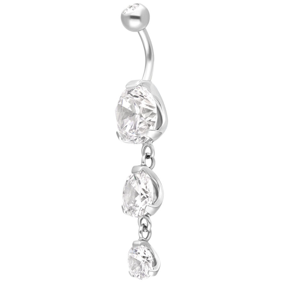 Piercing in argento con tre cristalli chiari su una barra curva