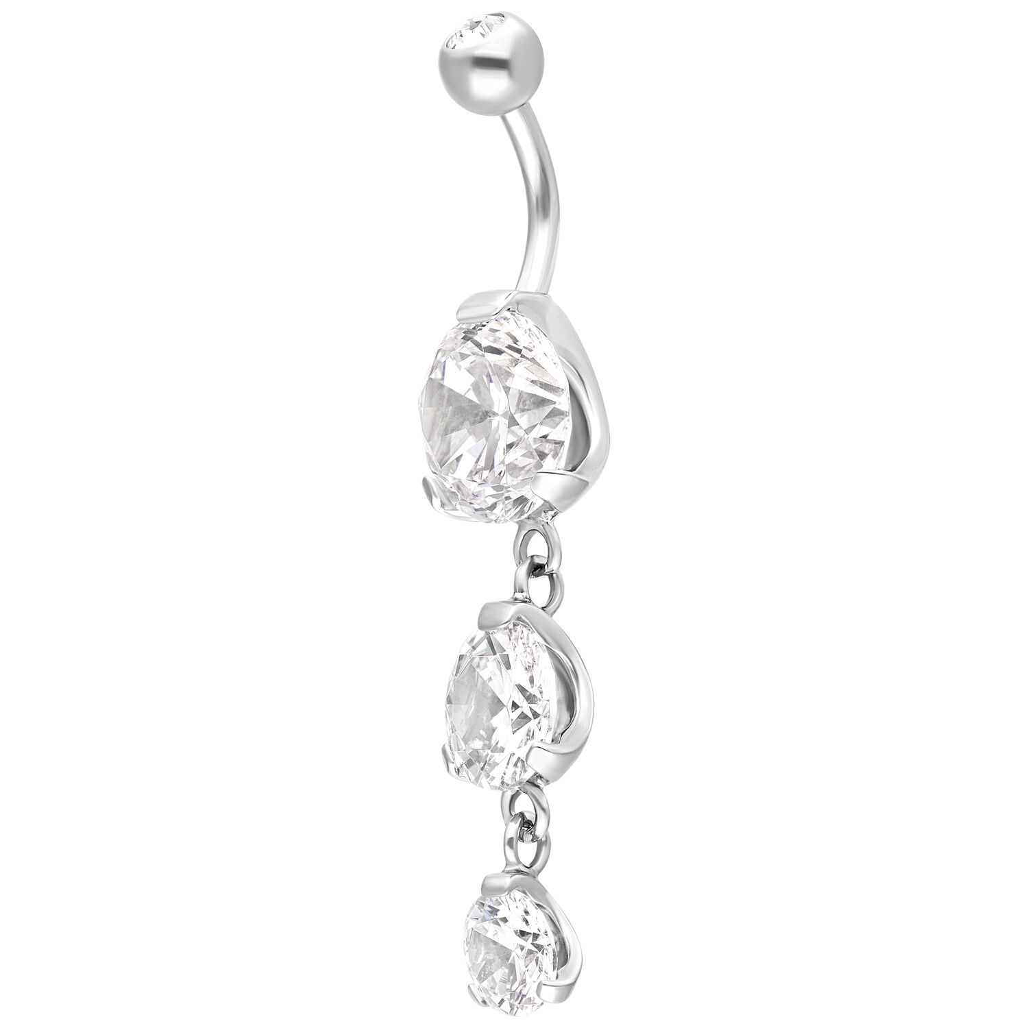 Piercing in argento con tre cristalli chiari su una barra curva