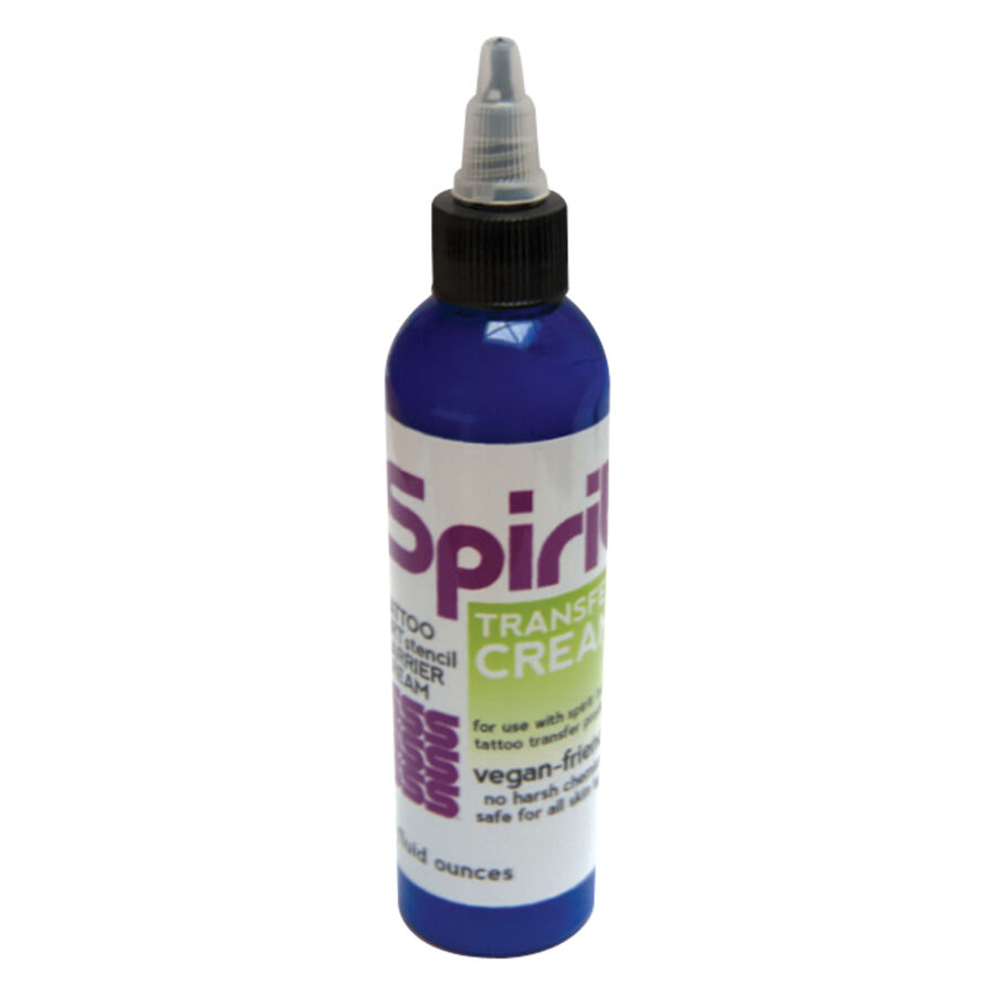 Spirit Transfer Cream per tatuatori Bottiglia blu di Spirit Transfer Cream con etichetta bianca su sfondo bianco