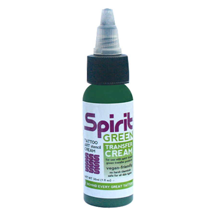 Spirit Green Transfer Cream per tatuatori Crema transfer verde di Spirit in una bottiglia da 30 ml su sfondo bianco