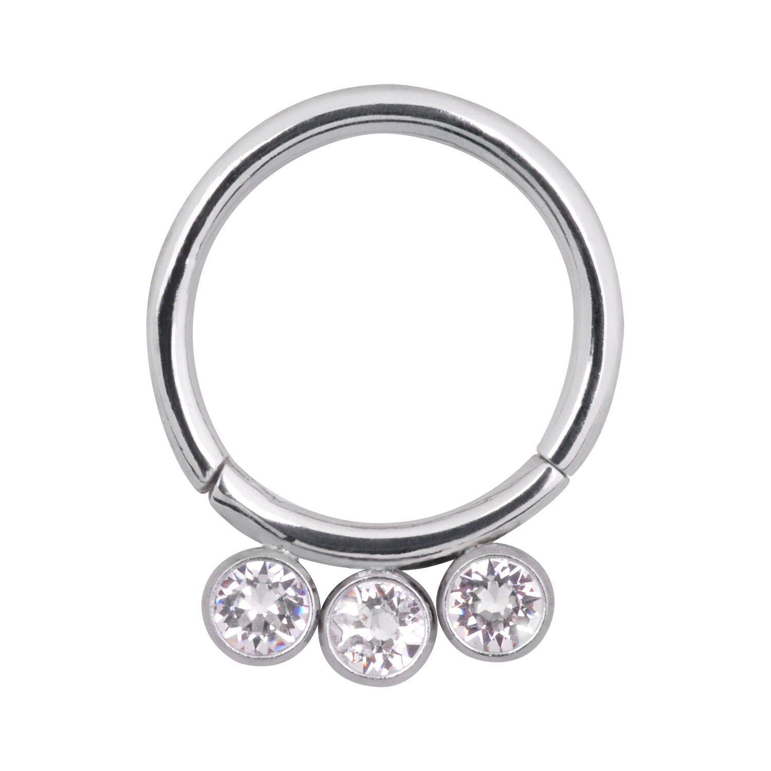 Clicker per Setto in Argento con Cristalli Anello piercing in argento con tre cristalli chiari su sfondo bianco