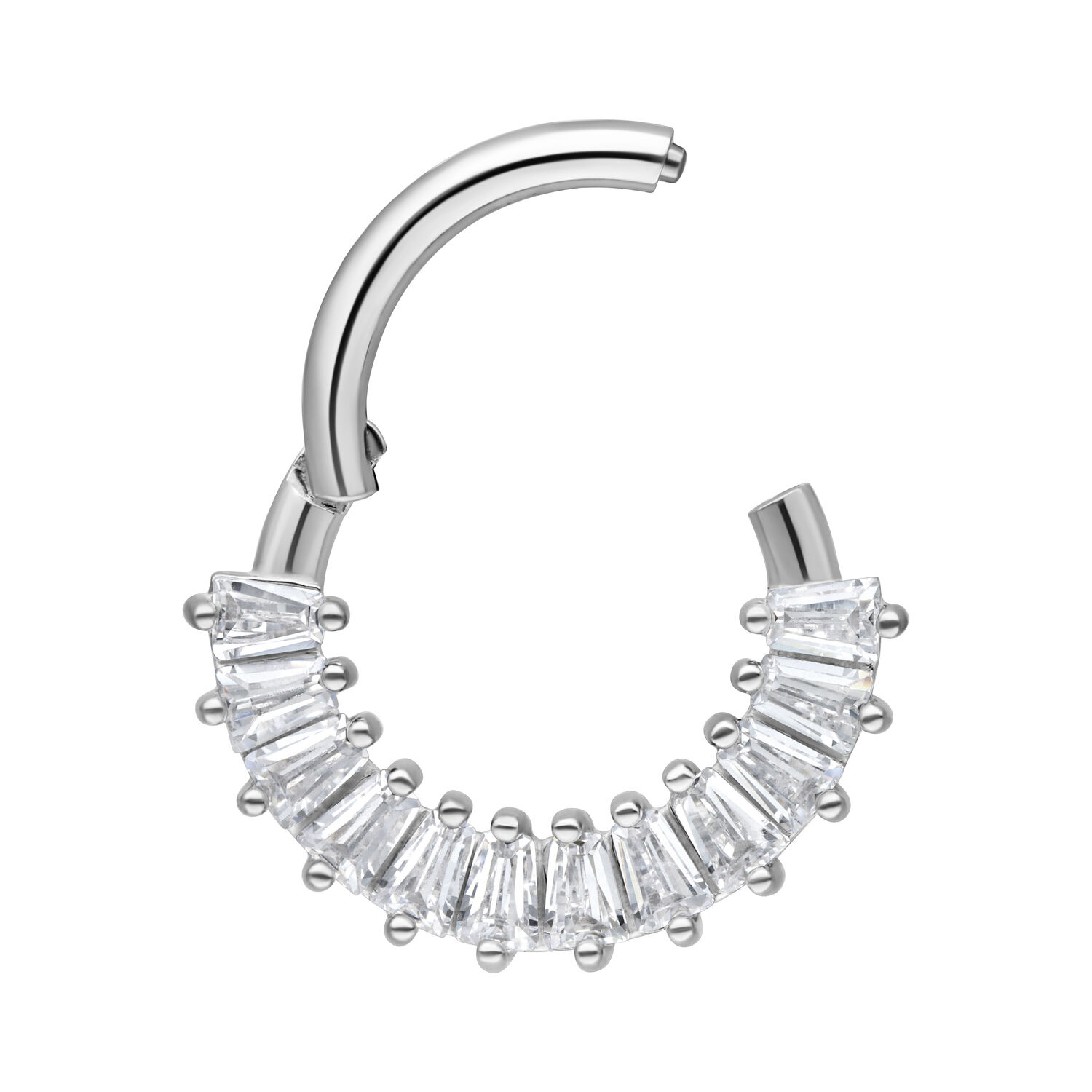 Clicker per setto in argento con cristalli chiari su sfondo bianco